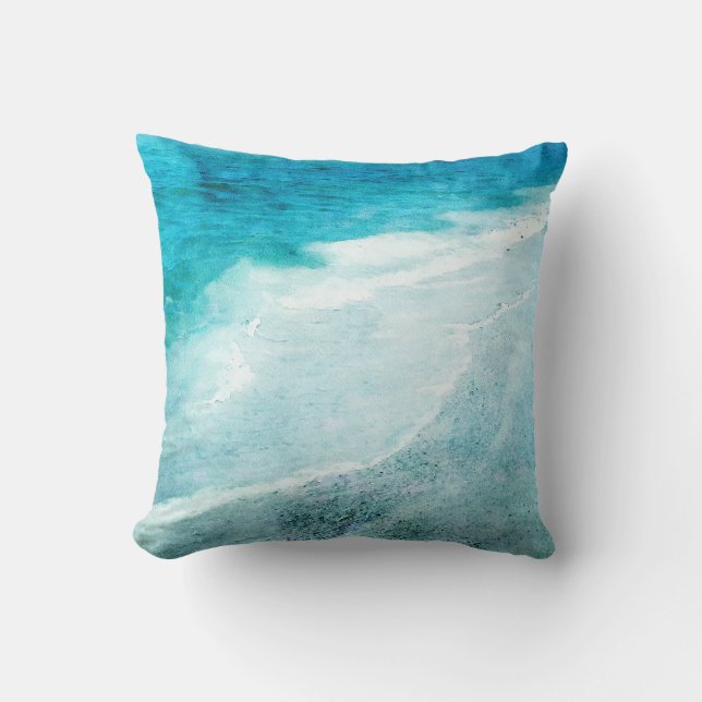 Retro Beach - Kustal Teal Blue Ocean Vattenfärg Kudde (Framsida)