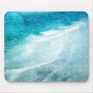 Retro Beach - Kustal Teal Blue Ocean Vattenfärg Musmatta