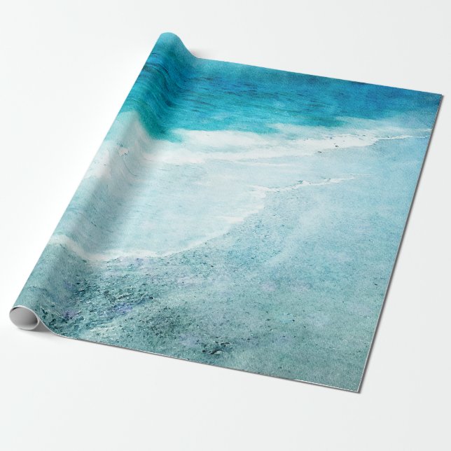 Retro Beach - Kustal Teal Blue Ocean Vattenfärg Presentpapper (Utrullad)