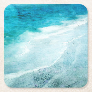 Retro Beach - Kustal Teal Blue Ocean Vattenfärg Underlägg Papper Kvadrat