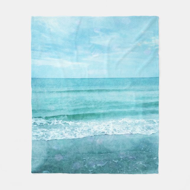 Retro Beach - Kustnära Ocean Teal Blue Watercolor Fleecefilt (Framsidan)