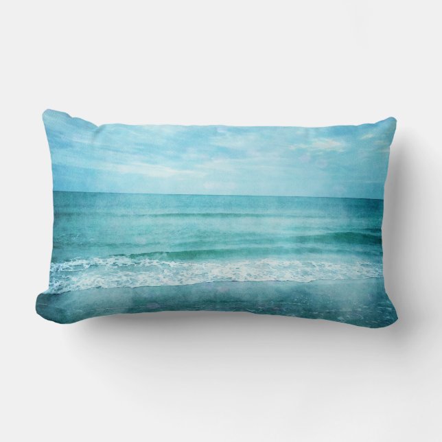 Retro Beach - Kustnära Ocean Teal Blue Watercolor Lumbarkudde (Framsida)