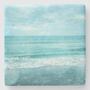 Retro Beach - Kustnära Ocean Teal Blue Watercolor Stenunderlägg