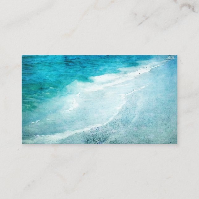 Retro Beach - Kustnära Ocean Teal Blue Watercolor Visitkort (Framsida)