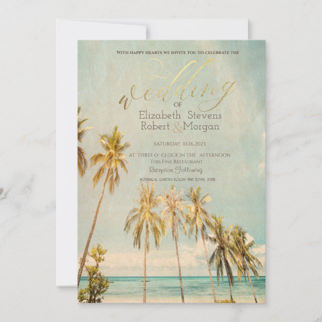 Retro Beach Palms Bröllop  Inbjudningar (Framsida)