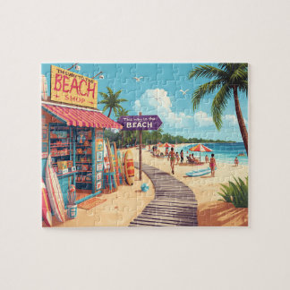 Retro Beach Shop & Boardwalk Vacation Scene Pussel