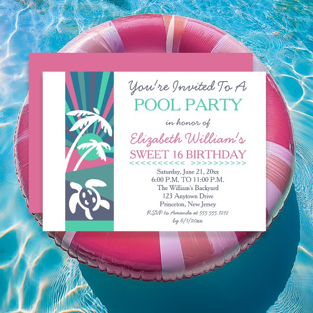 Retro Beach Sunset Sweet 16 Birthday Bassäng Party Inbjudningar (Pink Retro Beach Sunset Sweet 16 Birthday Pool Party Invitation - Print | Digital Download)