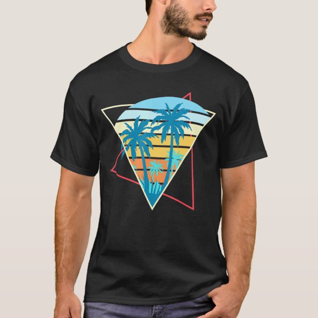 Retro Beach Sunset Vacation Handflatan Träd Tropic T Shirt (Framsida)