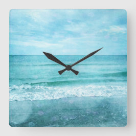 Retro Beach - Teal Blue Watercolor för kustnära ha Fyrkantig Klocka
