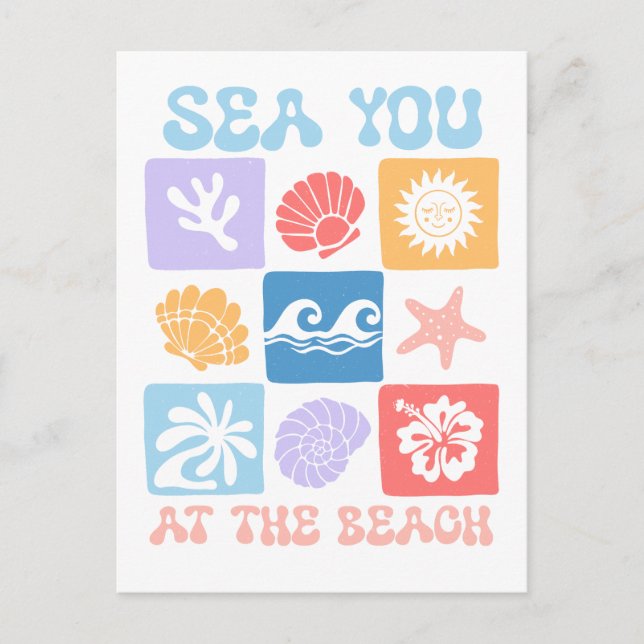 Retro Beach-vykort - "Sea You at the Beach" Vykort (Framsida)