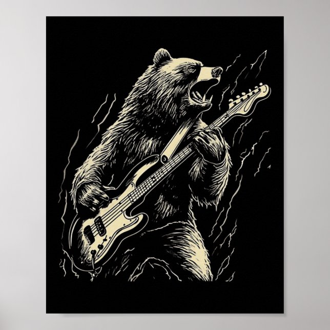 Retro Bear Spela Bass Guitar Bear Guitarist Musi Poster (Framsidan)
