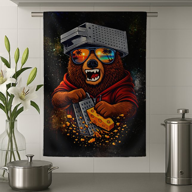 Retro Bear With Cheese Grater Hat and Sunglasses Kökshandduk (Skapare uppladdad)