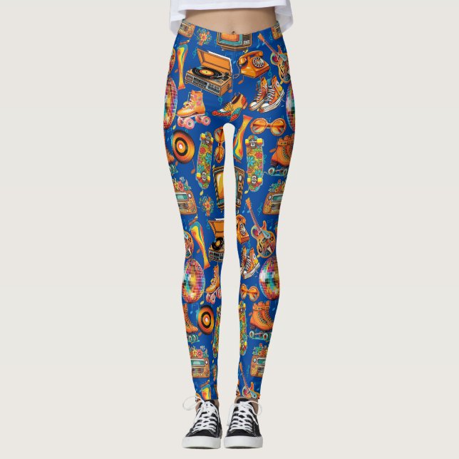 Retro Beat Patternx4 Blue BG Leggings (Framsida)