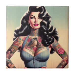 Retro Beauty Tattooed Pin up Kakelplatta