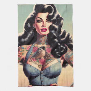 Retro Beauty Tattooed Pin up Kökshandduk