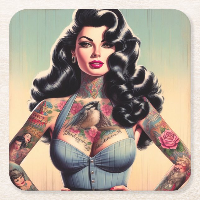 Retro Beauty Tattooed Pin up Underlägg Papper Kvadrat (Framsidan)