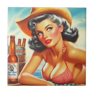 Retro Beer Land Girl Kakelplatta