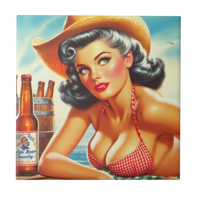 Retro Beer Land Girl Kakelplatta (Framsidan)