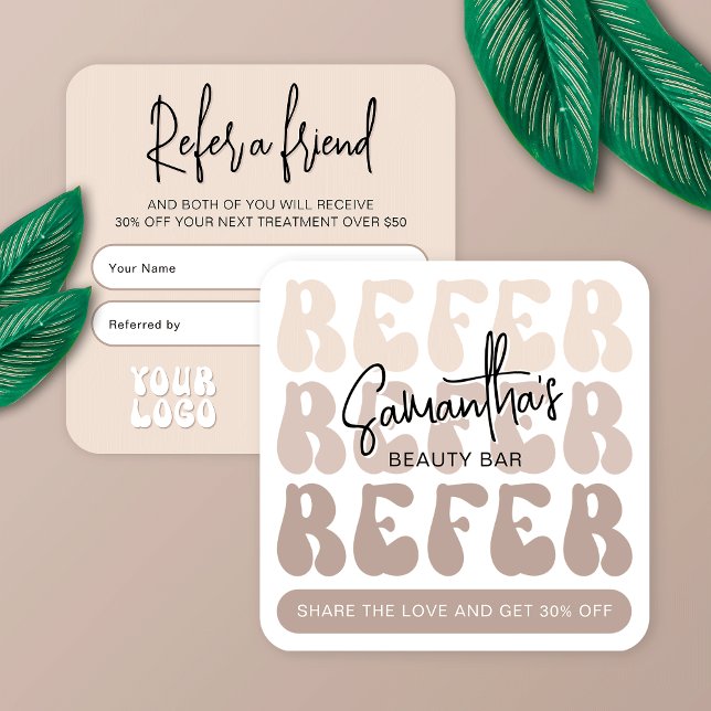 Retro Beige återger en vän till Modern Logotyp Las Rabattkort (Impress your clients with this modern referral card design featuring retro groovy fonts)