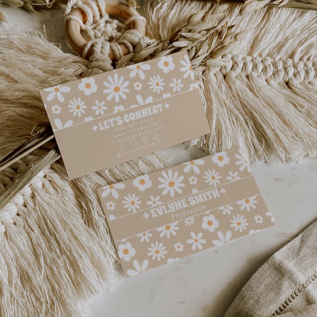 Retro Beige Groovy Blommig Boho Unik 70-tal Visitkort (Skapare uppladdad)