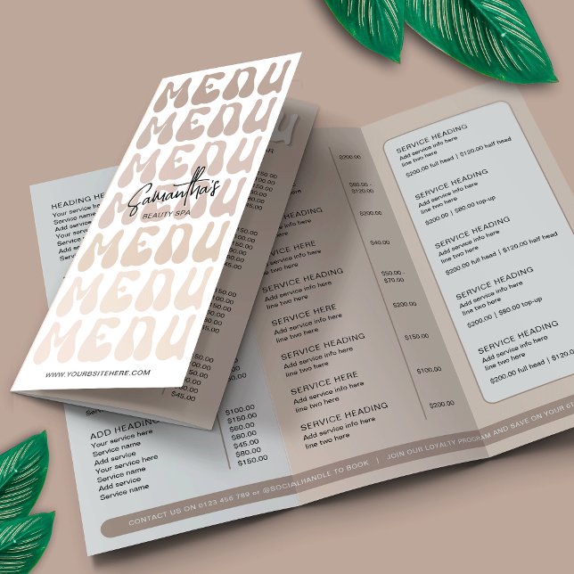 Retro Beige Groovy Lash Salon Tri-Fold Brochure (Retro beige business tri-fold price list with groovy fonts and pastel beige color scheme)