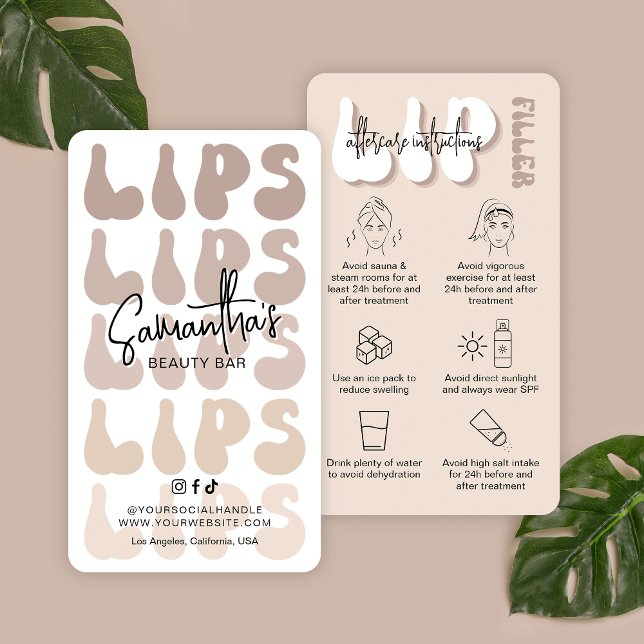 Retro Beige Logotyp Lip Filler efter behandling Visitkort (Trendy lip filler aftercare instructions with retro fonts, care icons and space for your details)