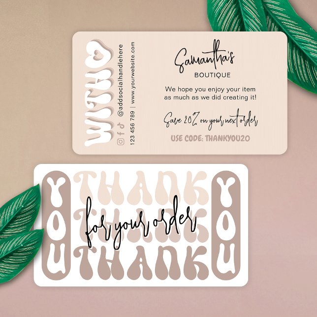 Retro Beige Modern Business Tack Rabatt Tilläggskort (Trendy retro beige business thank you package inserts with groovy fonts and custom thank you message)