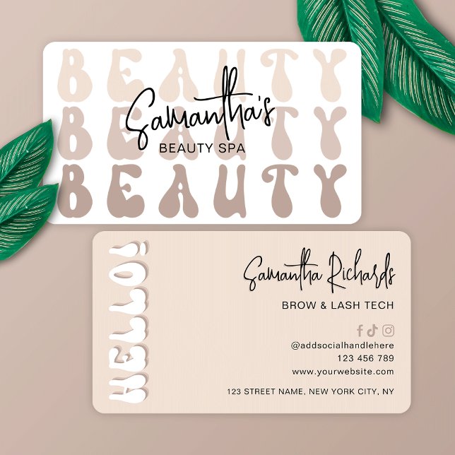 Retro Beige Modern Girly Lash Beauty Salon eller S Visitkort (Embrace the retro charm with this trendy beige beauty business card design)
