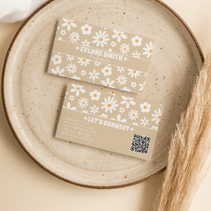 Retro Beige QR-kod Groovy Blommig Boho Unik Visitkort