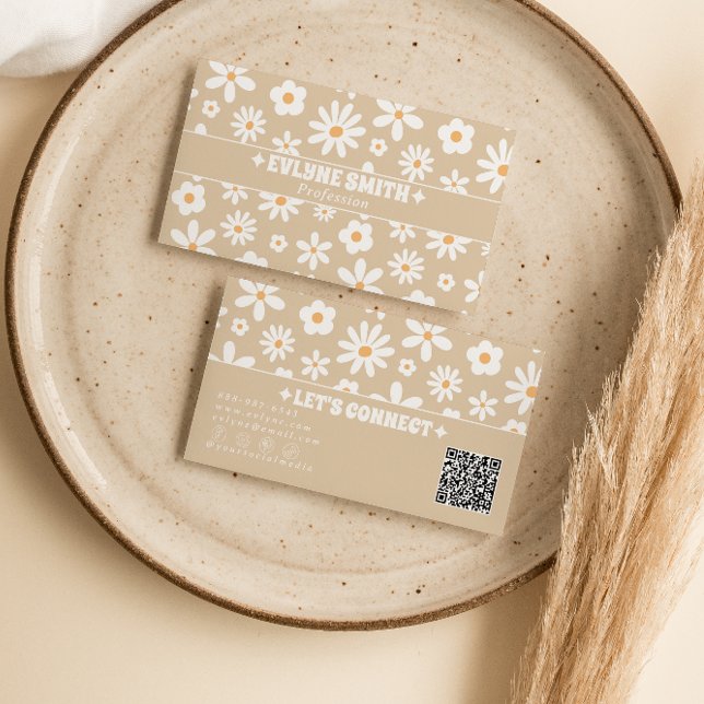 Retro Beige QR-kod Groovy Blommig Boho Unik Visitkort (Skapare uppladdad)
