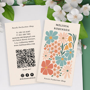 Retro Beige QR-kod Tjejaktig Blomsterbutik Blommig Visitkort
