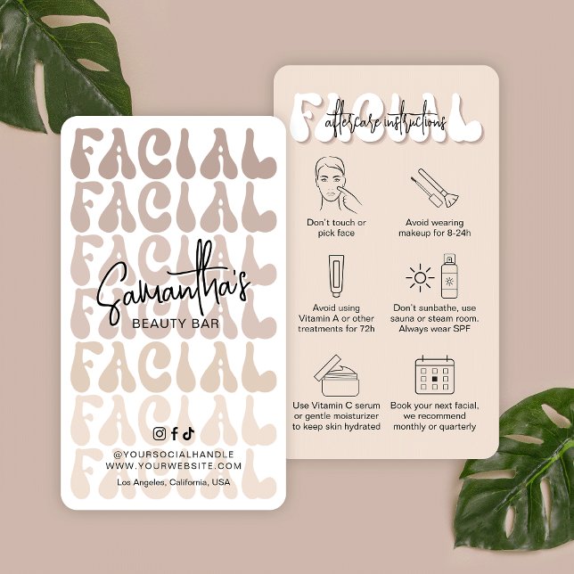 Retro Beige Trendig Anvisningar för ansiktsvård Sa Visitkort (Modern facial after care cards in beige and white with retro fonts and care icons)