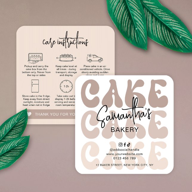 Retro Beige Trendig Bakery Cake Care Instructions Fyrkantigt Visitkort (Trendy cake care card design in beige and white with cake care icons and retro fonts)
