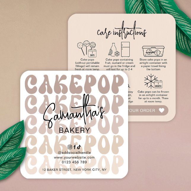 Retro Beige Trendig Cake Pops Omsorgskort Fyrkantigt Visitkort (Trendy beige cake pops storage instructions guide cards featuring retro fonts and modern layout)