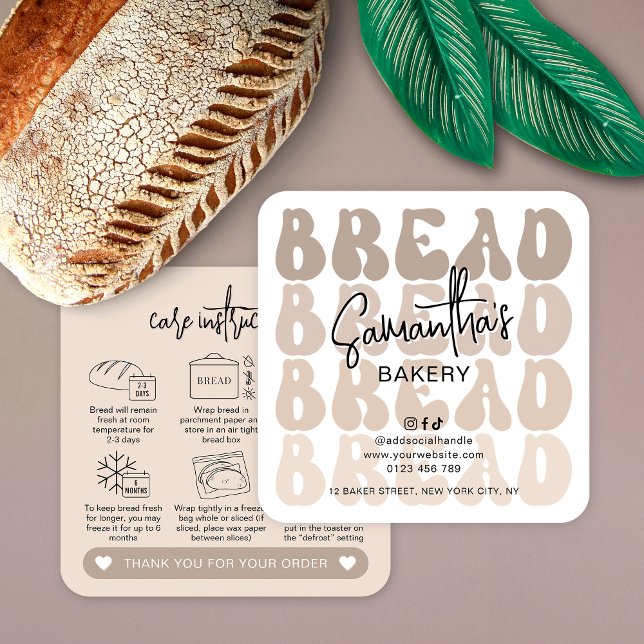 Retro Beige Trendig Sourdough Bread Care Cards Fyrkantigt Visitkort (Retro beige fresh bread care instructions cards with icons and trendy groovy fonts)