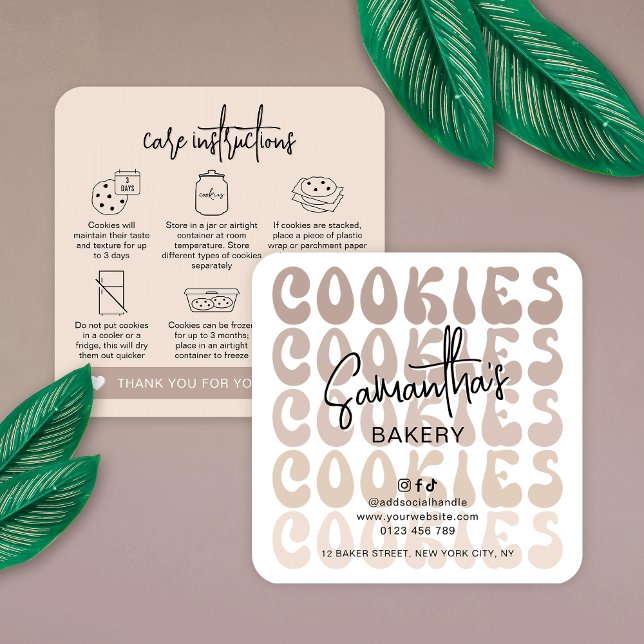 Retro Beige Trendig Sugar Cookies Care Instruction Fyrkantigt Visitkort (Modern cookie care cards in neutral beige hues with retro fonts and care icons)