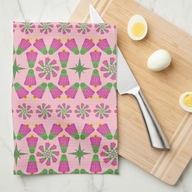 Retro Bell Flower Mandalas Rosa Kitchen Towel Kökshandduk (Vikt i Fjärdedel)