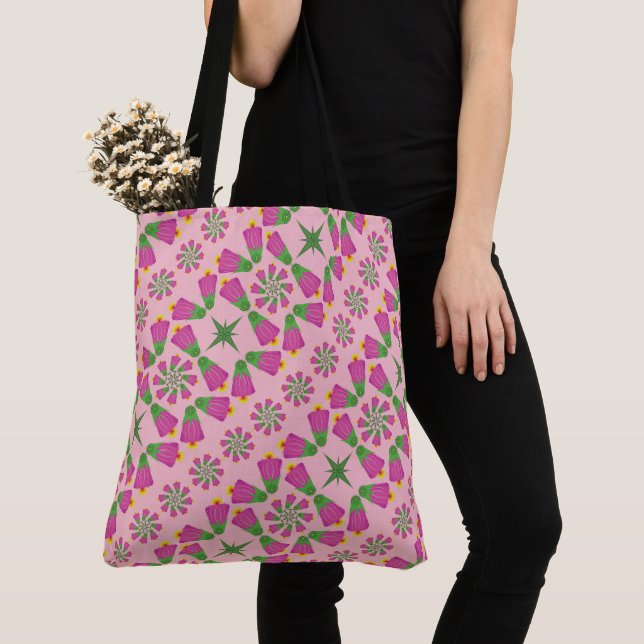 Retro Bell Flower Mandalas Rosa Tote (2 storlekar) Tygkasse (Närbild)