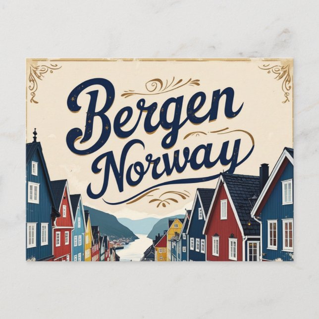 Retro Bergen Harbor View Vykort (Framsida)