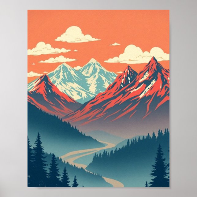 Retro berglandskap röd blå affisch (Framsidan)