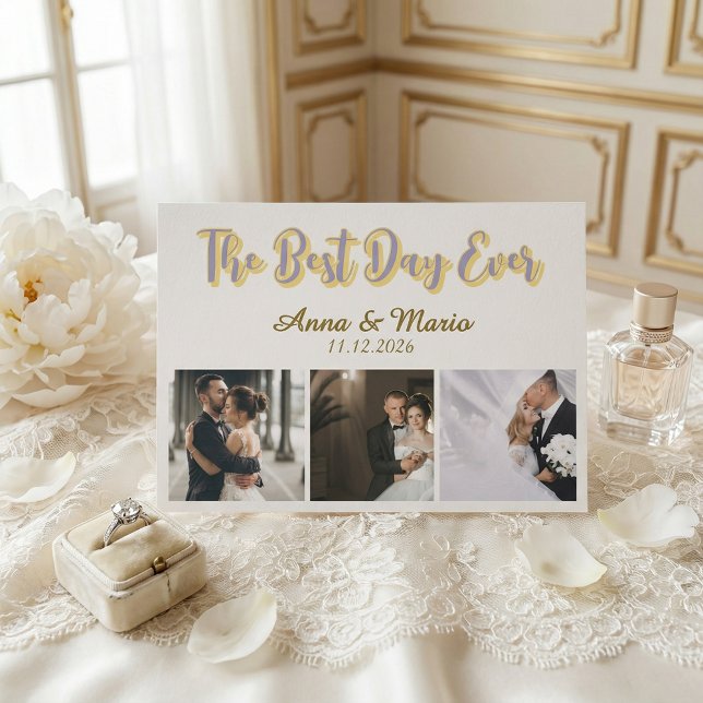 Retro Best Day Ever Photo Collage Wedding Tack Kort (Skapare uppladdad)