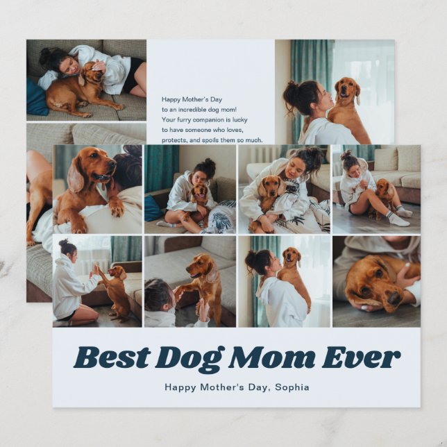 Retro Best Dog Mom 12 Photo Collage Blue Julkort (Fram/baksida)