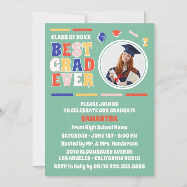 Retro Best Grad någonsin Photo Grönt Studentfest Inbjudningar (Framsida)