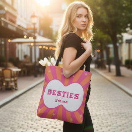 Retro Besties Personalized Pink & Orange Tote Bag Tygkasse