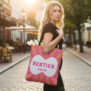 Retro Besties Personlig Rosa & Orange Handväskan Tygkasse