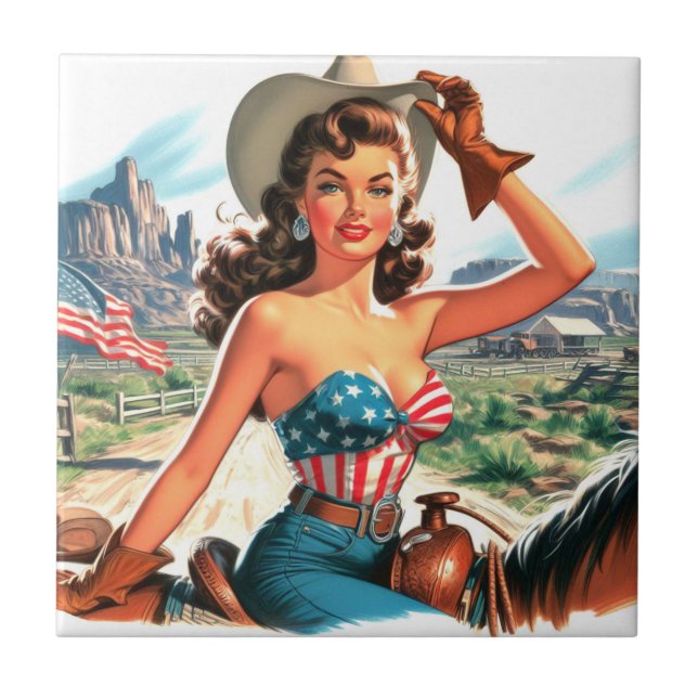 Retro Bevackert Cowgirl Pin Up Kakelplatta (Framsidan)