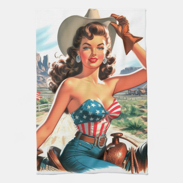 Retro Bevackert Cowgirl Pin Up Kökshandduk (Vertikal)