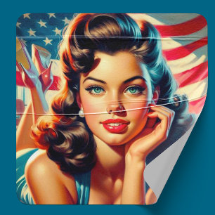 Retro Bevackra American Girl Fyrkantigt Klistermärke