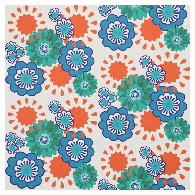 Retro Big Flowers Blue Orange Mix Blommigt Design Tyg (Provkarta)
