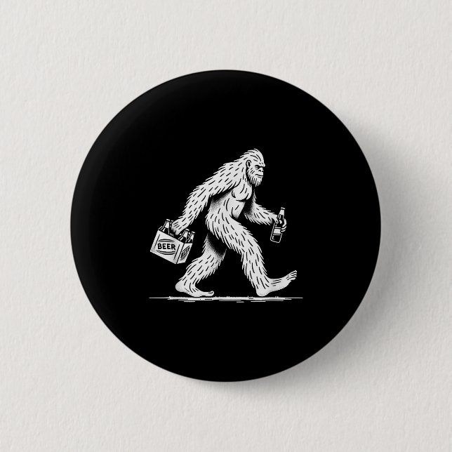 Retro Bigfoot Drinking Beer - Funny Sasquatch Knapp (Framsida)